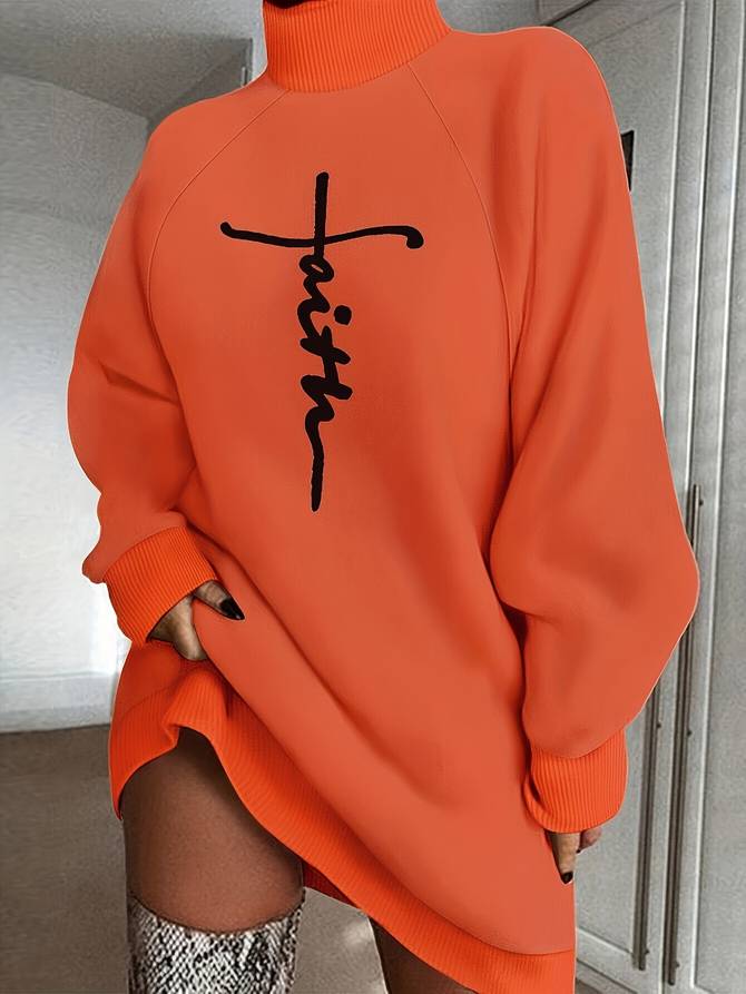 Women's Oversized Turtleneck Sweater Dress – Long Sleeve – Ribbed Hem – Graphic Print