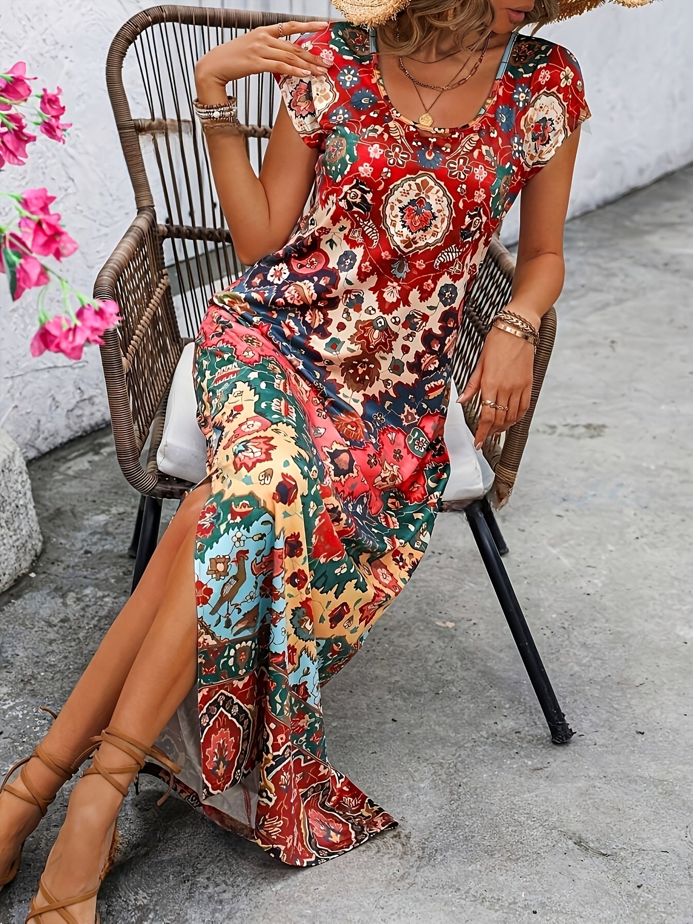 Women's Bohemian Maxi Dress - Paisley Floral Print - Short Sleeve Flowing Design - Side Slit