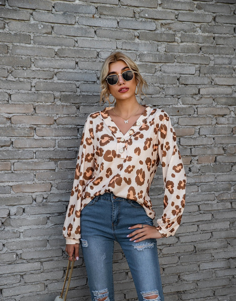 Women's Blouse - V-Neck Button Down - Long Sleeve Relaxed Fit - Animal Print