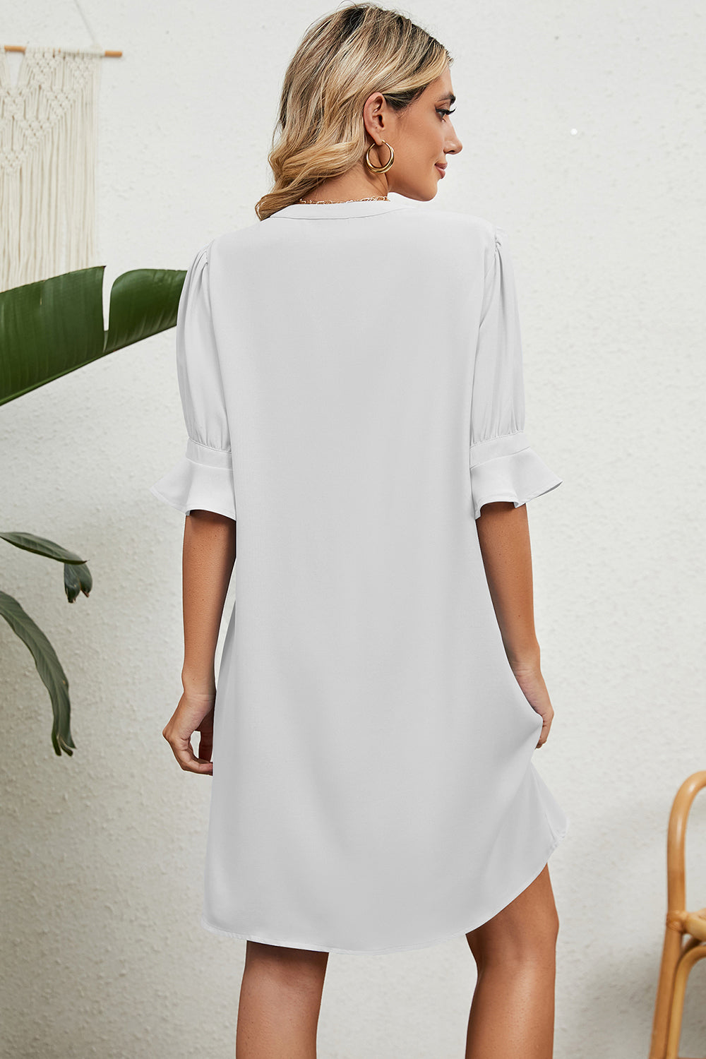Women's Shift Dress - V-Neck - Elbow Sleeve with Ruffle Hem - Casual Loose Fit