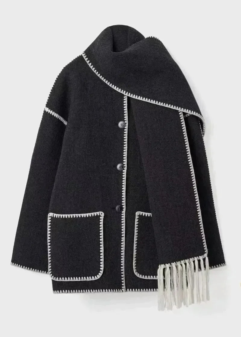 Women's coat with tassel scarf loose fit