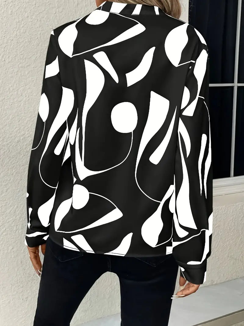 Women's V-Neck Blouse - Relaxed Fit - Abstract Print - Long Sleeve Elegant Design