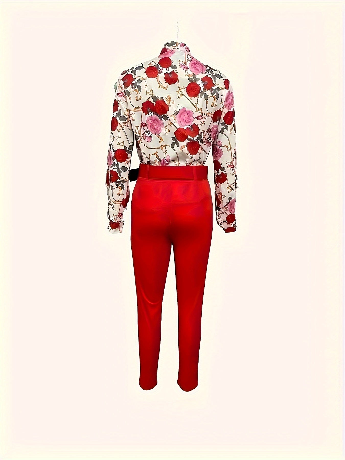 Floral printed long-sleeve shirt and high-waist pants set for women
