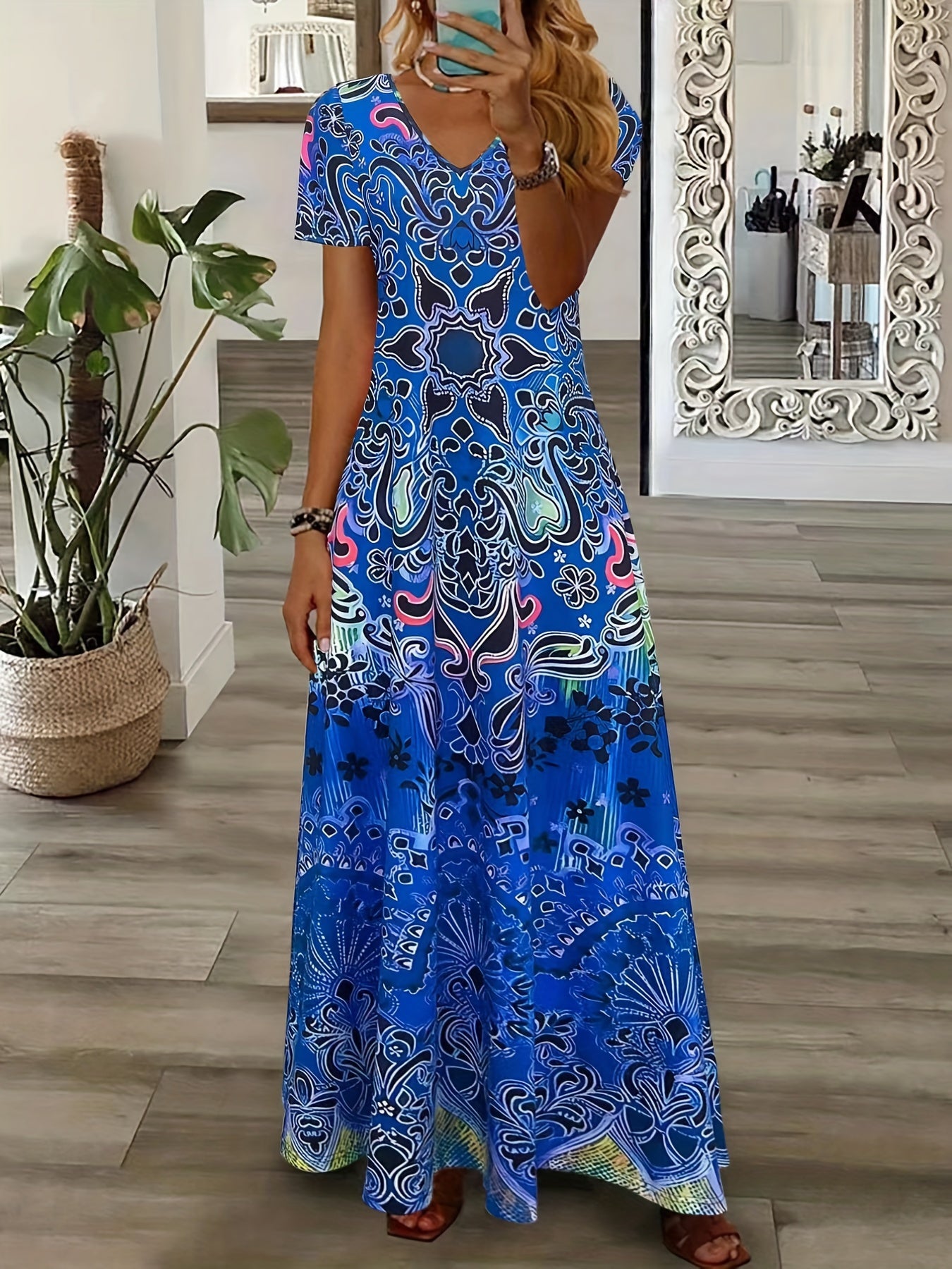 Women's Maxi Dress - V-Neck - Short Sleeve - Bohemian Print - Relaxed Fit