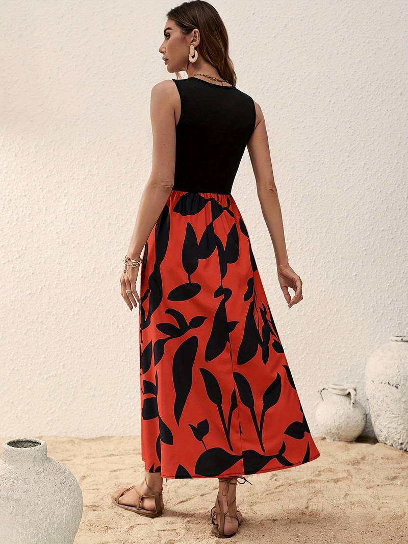 Women's Sleeveless Maxi Dress - Fitted Top - Flowy Botanical Print Skirt - Lightweight