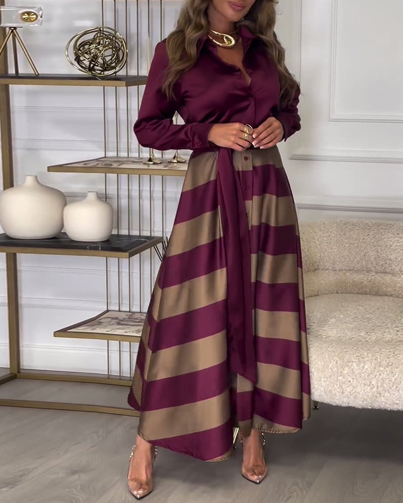 Women’s Maxi Dress - Button-Up Long Sleeve - Striped Flowing Skirt - Belted Waist