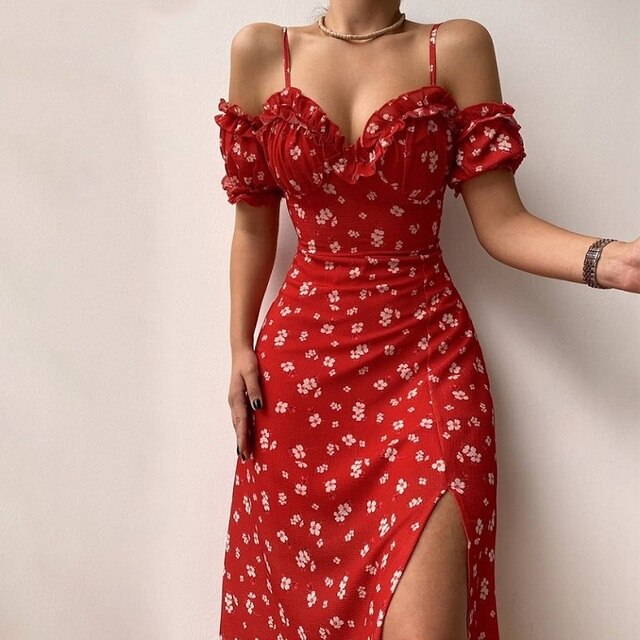 Women's Floral Dress - Off Shoulder Ruffle Sleeve - Spaghetti Straps - Maxi Length Slit
