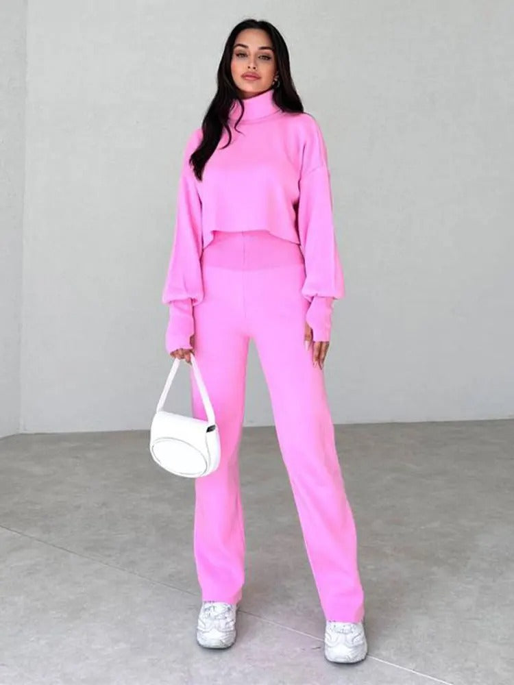 Women's high collar loose long-sleeved tops and pants set