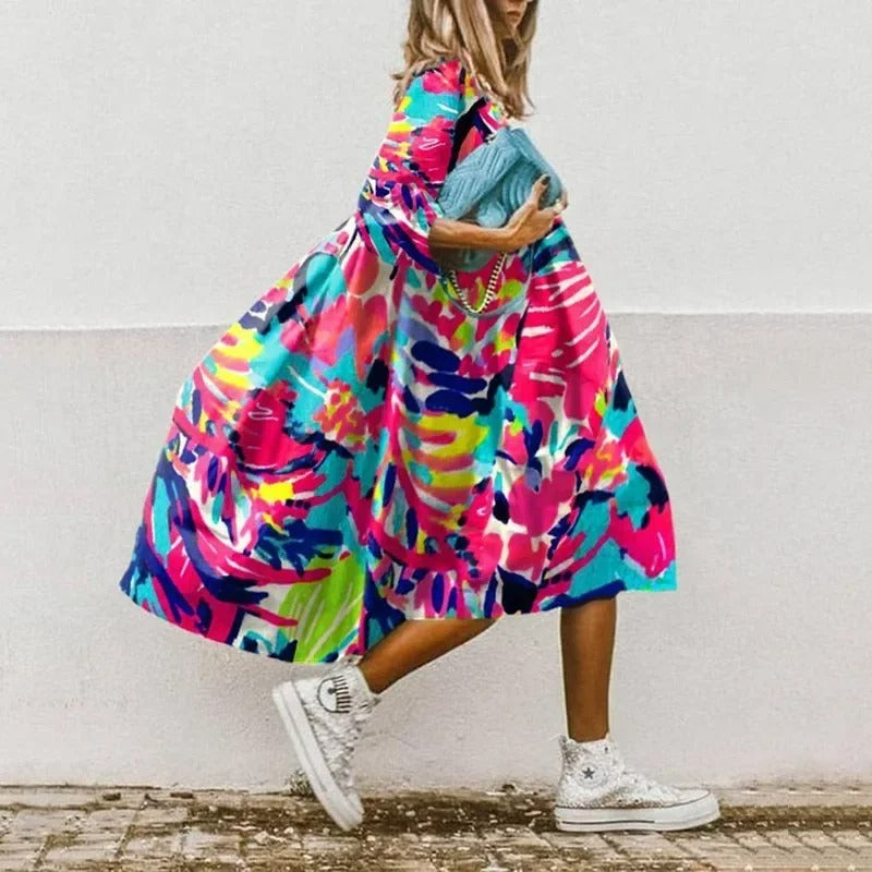 Women's Midi Dress - Oversized Floral Print - Relaxed Fit - Three-Quarter Sleeves