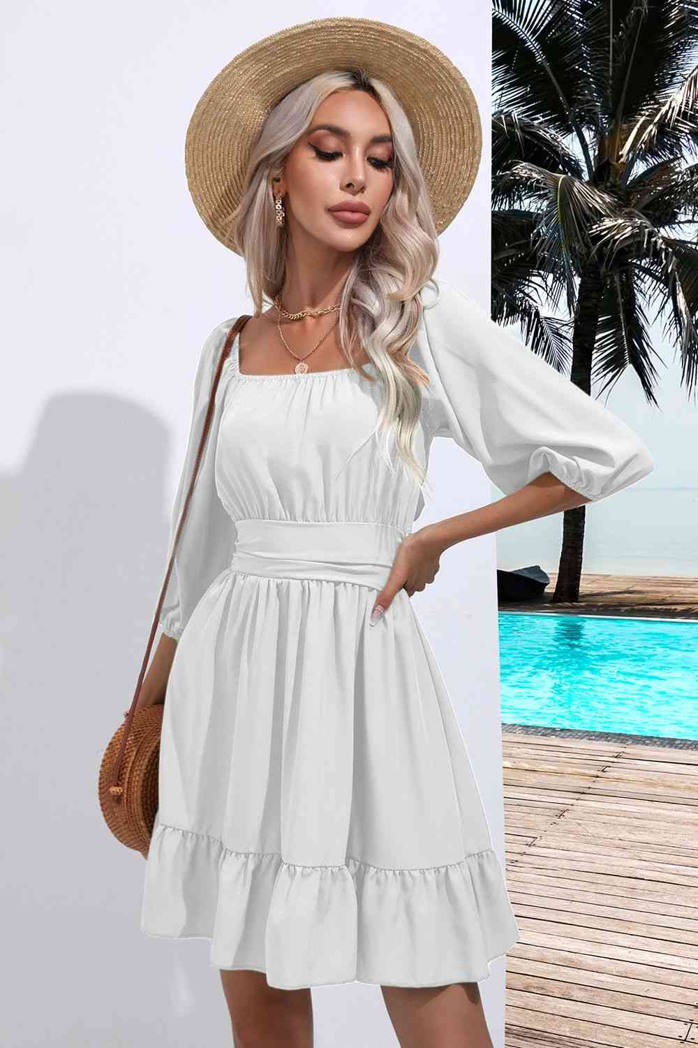 Women's A-Line Dress - Square Neck - 3/4 Sleeve - Ruched Bodice - Tiered Hem