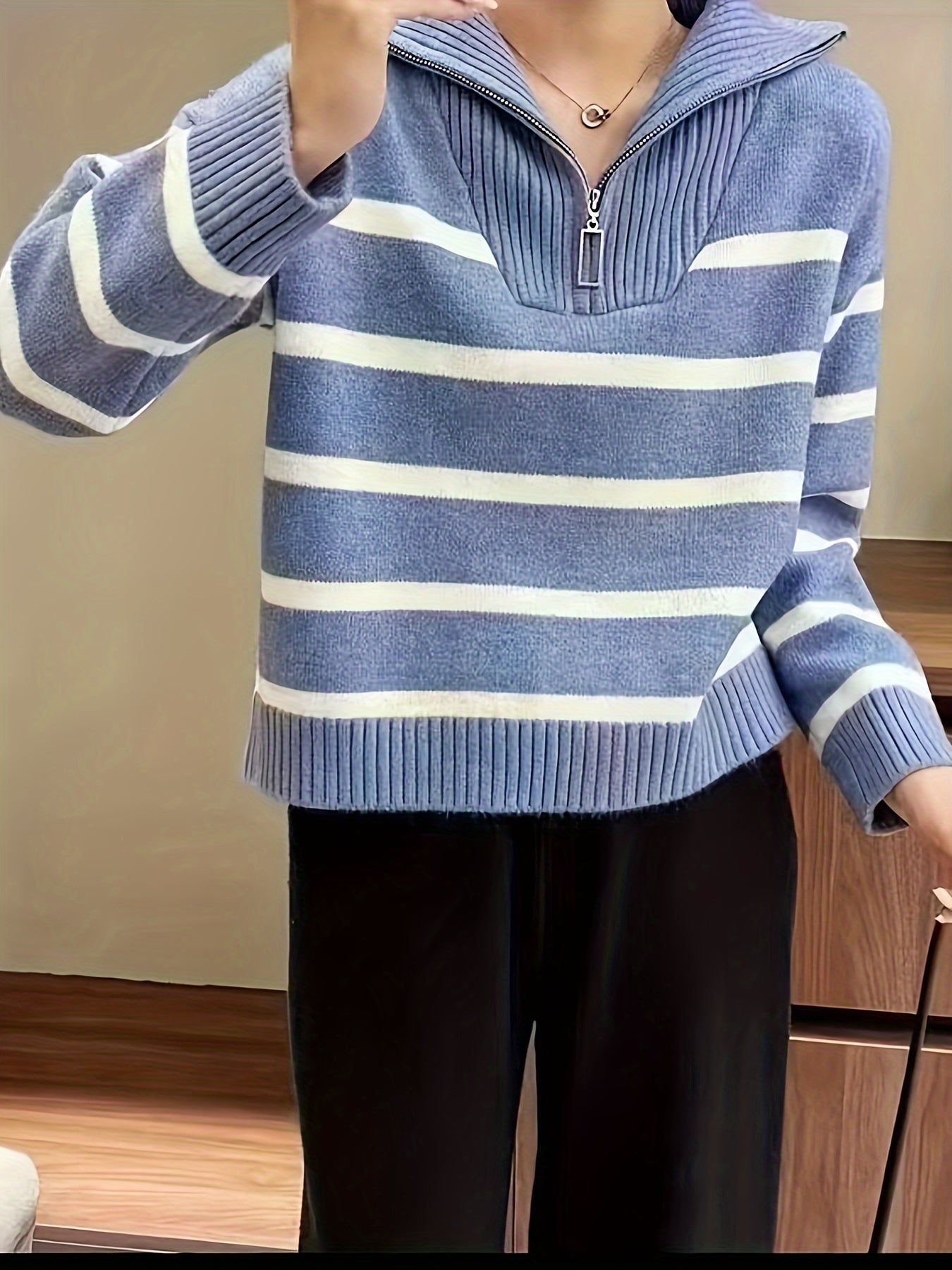 Striped quarter-zip pullover sweater with ribbed collar for women