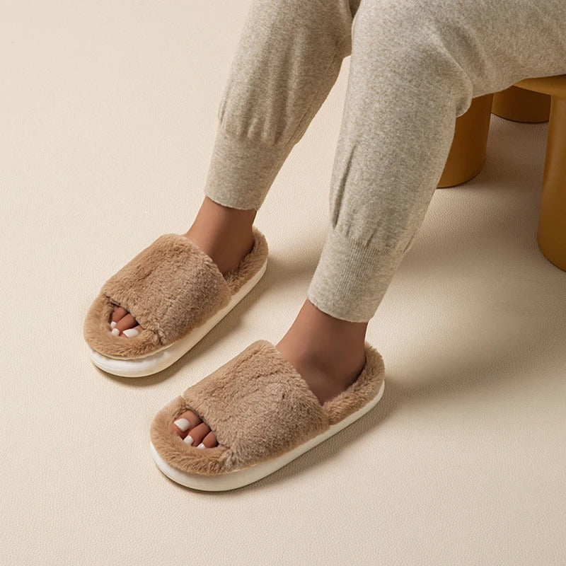 Women's thick plush open toe fur slippers