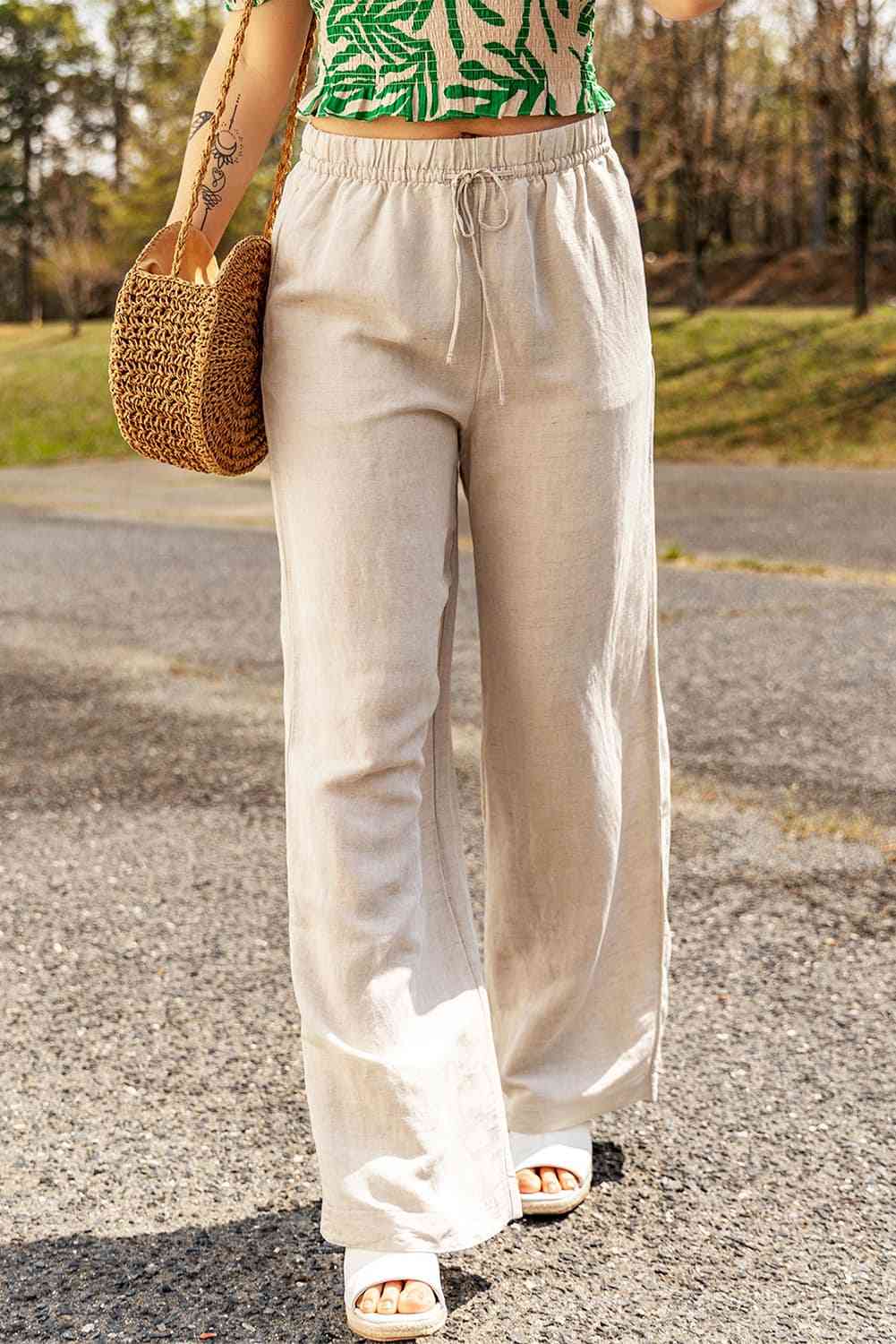 Cotton Linen Blend Relaxed Fit Wide-Leg Pants