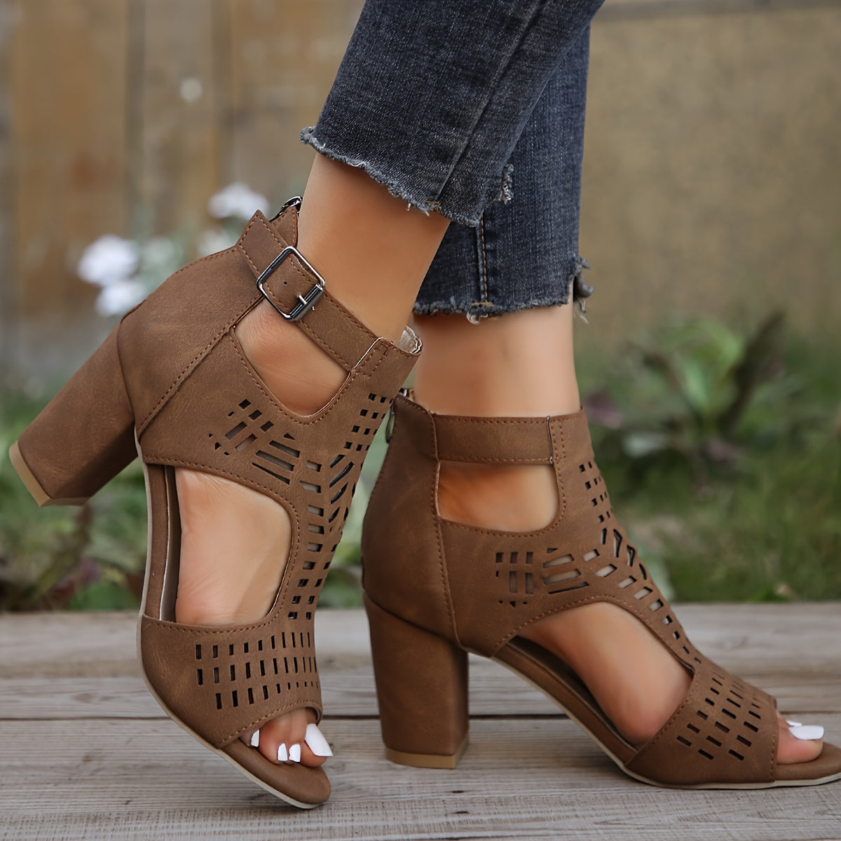 Women's Peep-Toe Ankle Boots - Cut-Out Design - Block Heel - Buckle Strap