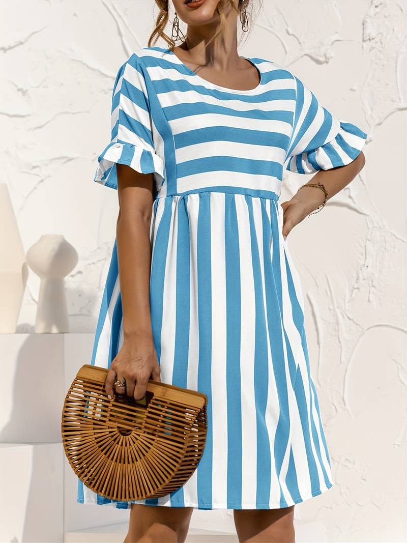Women's Dress - Striped A-Line - Short Flared Sleeves - Knee-Length Casual Fit