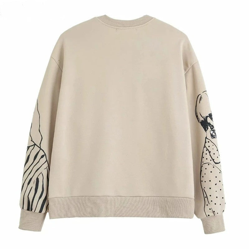 Women's spring loose round neck printed sweatshirt