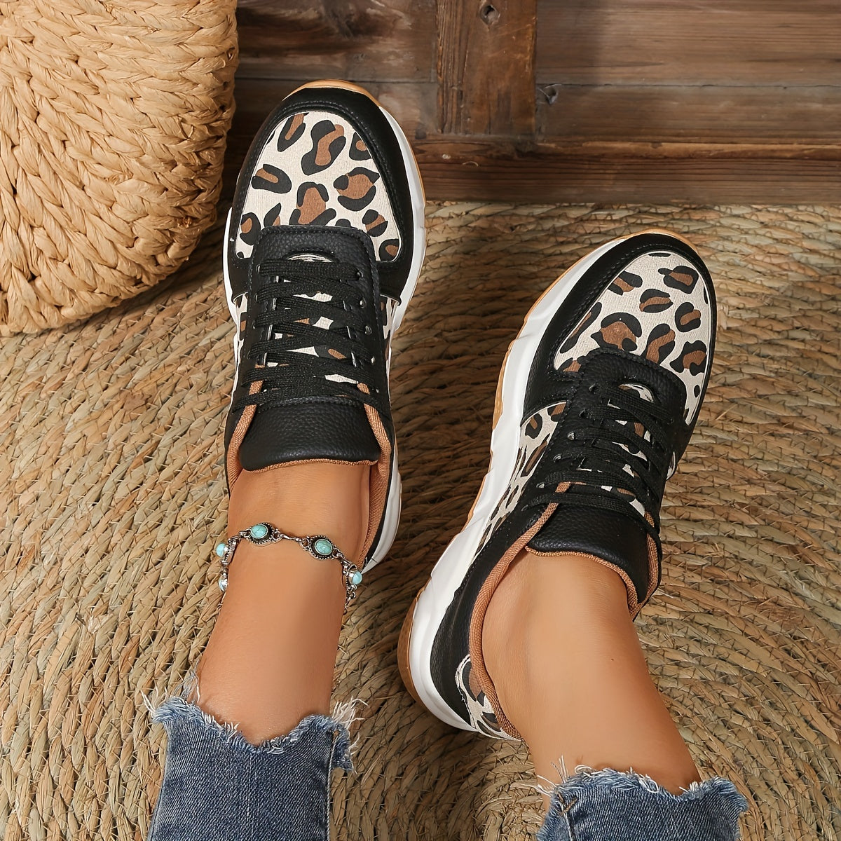 Women's Sneakers - Chunky Sole - Lace-Up - Faux Leather & Fabric - Animal Print