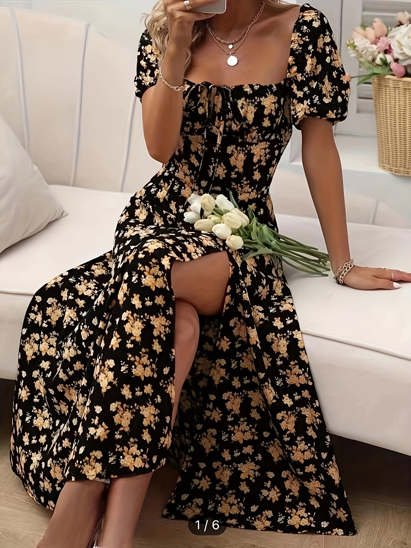 Elegant Floral Print Slim Fit Slit Dress