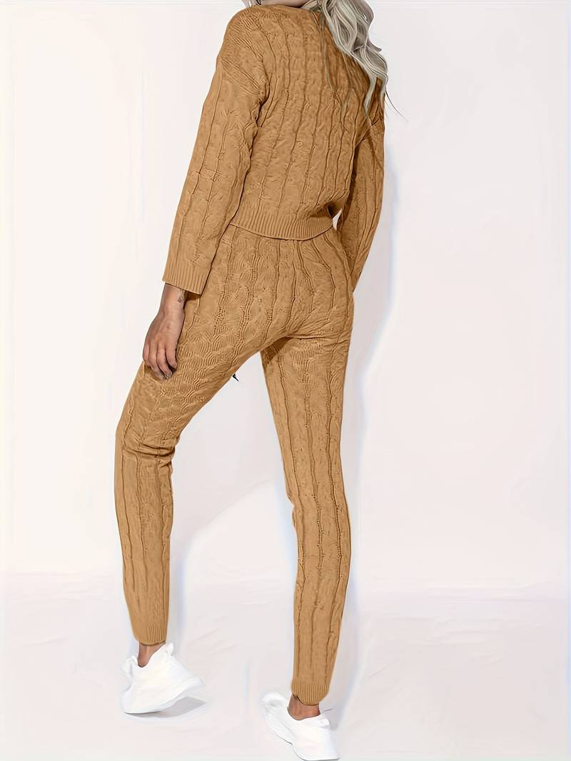 Women's Knit Sweater Set - Cable Knit - Oversized Off-Shoulder Sweater & Slim Pants
