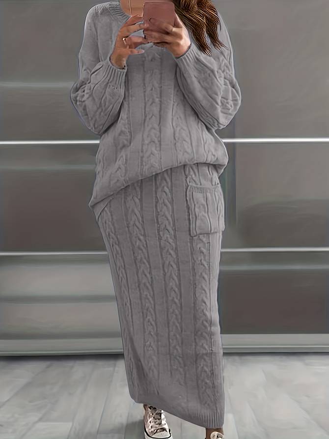 Women’s Knit Sweater and Skirt Set – Cable Pattern – Relaxed Fit – Long Sleeve – Ankle Length