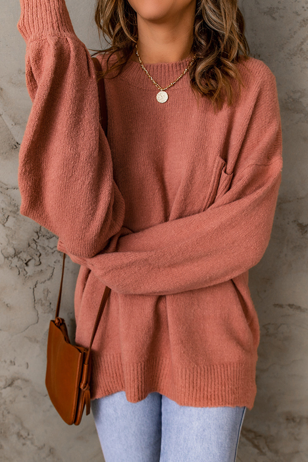 Valkerie - top sweater ribbed trim lantern sleeve pocketed