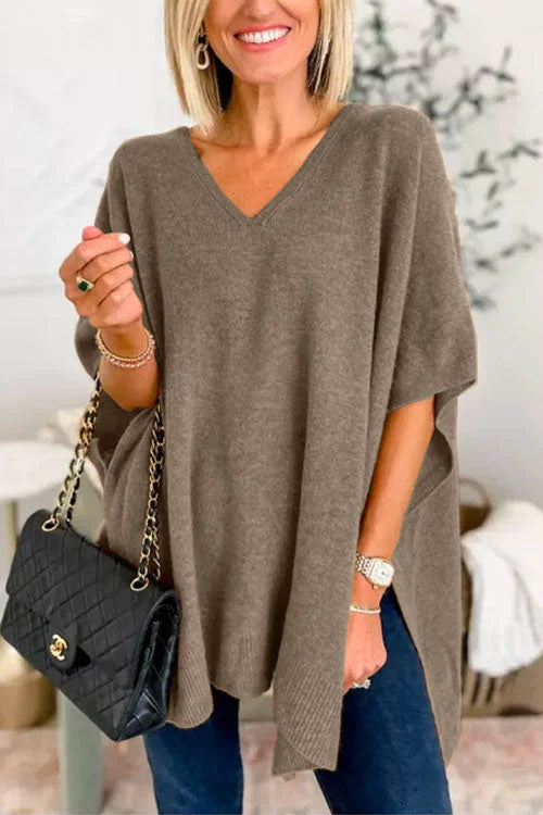 Women's Poncho Top - Loose Fit - Soft Knit - V-Neck Flowy Draped Style