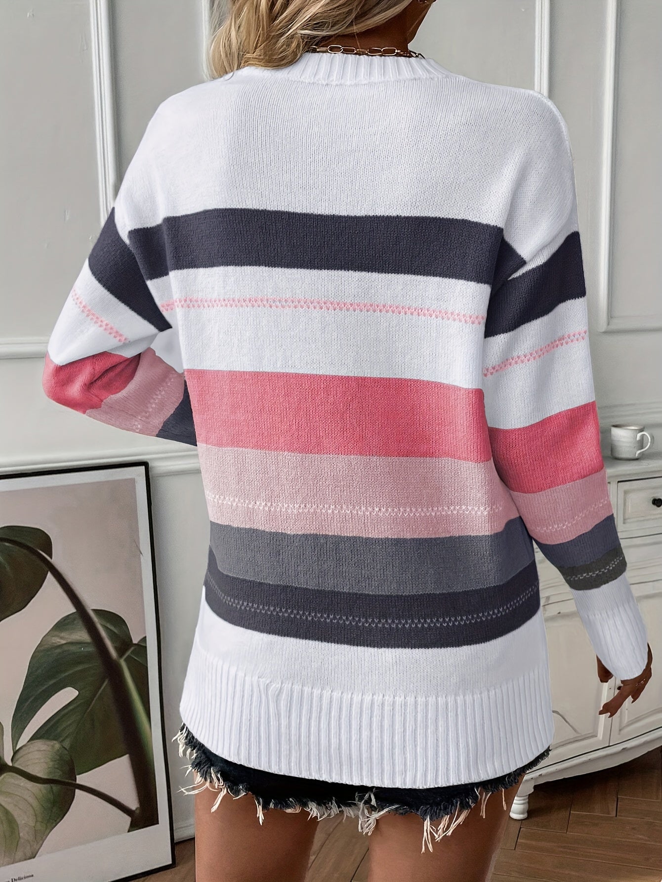 Striped Knitted Color-Contrast Pullover Sweater