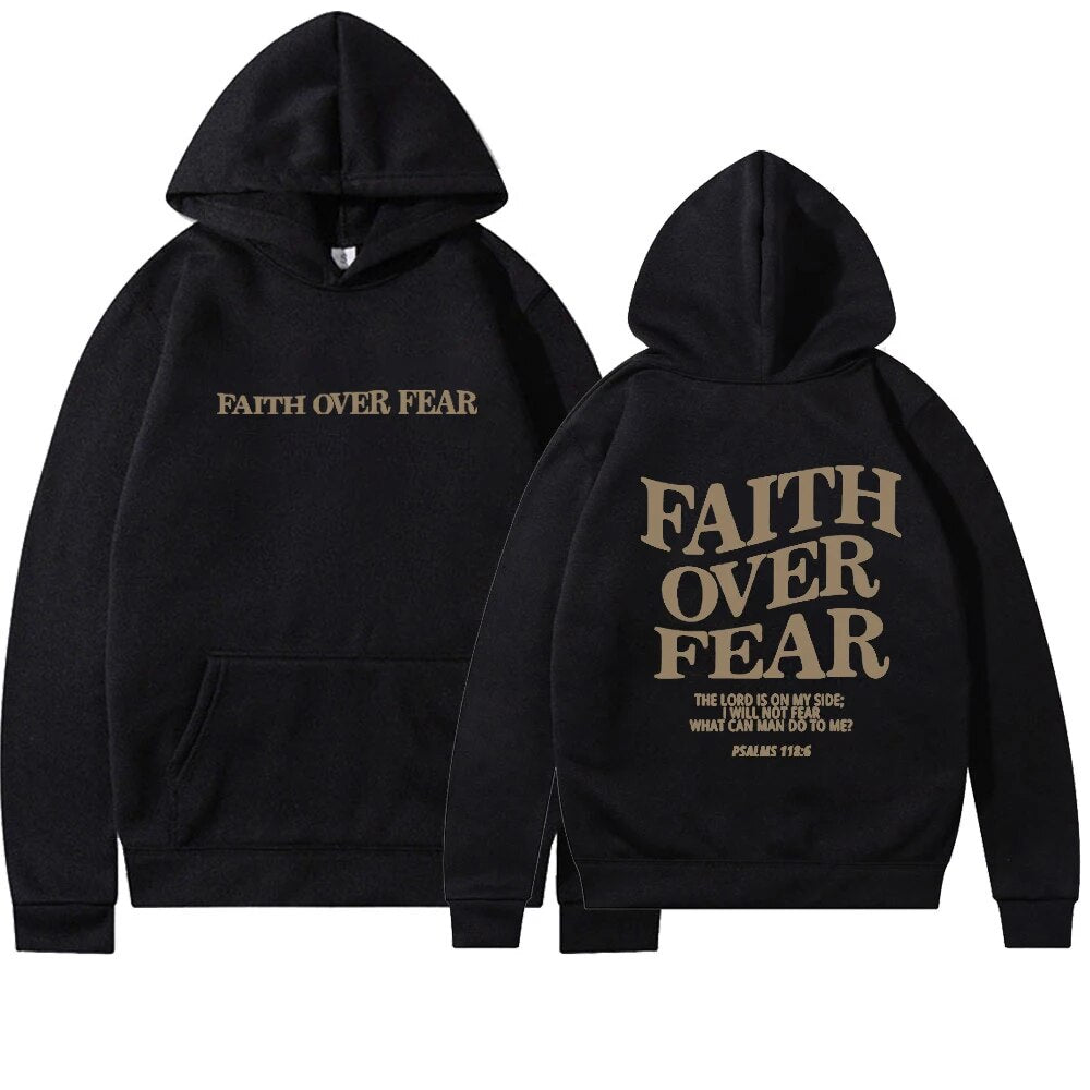 Women's drop shoulder hoodie with 'Faith Over Fear' back print