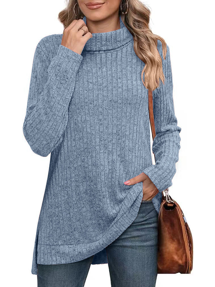 Women’s Turtleneck Sweater – Ribbed Knit – Relaxed Fit – Long Sleeve – Asymmetrical Hem