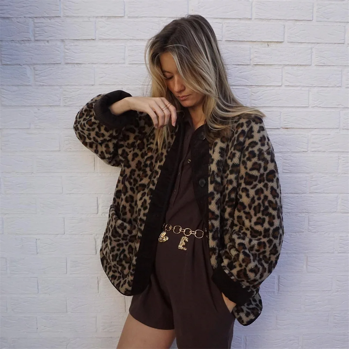 Leopard print jacket for women with button closure