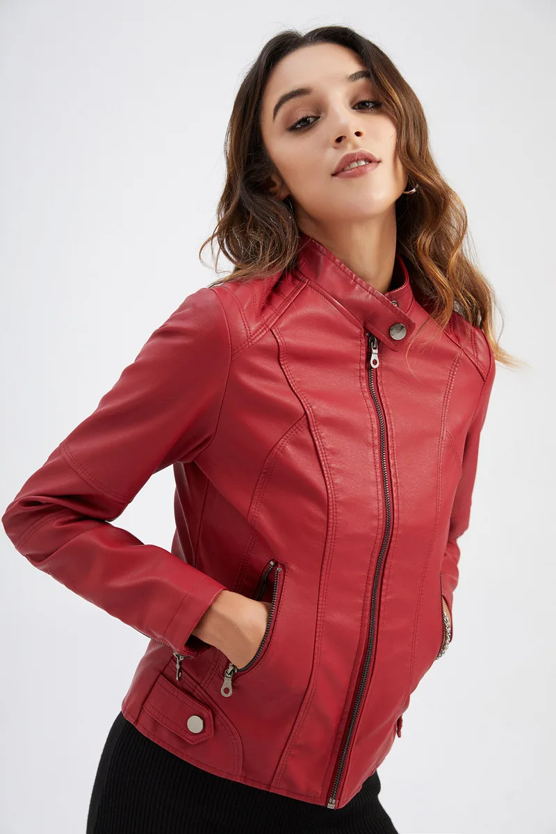 Women's leather jacket with stand collar and zipper