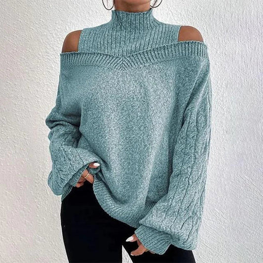 Off-Shoulder Loose Knit Half-Turtleneck Sweater