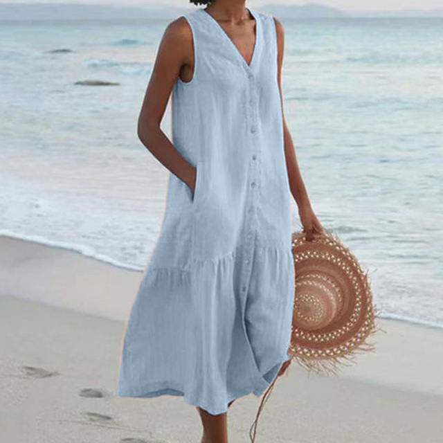 Women's Midi Dress - Sleeveless V-Neck - Button-Down with Pockets - Relaxed Fit