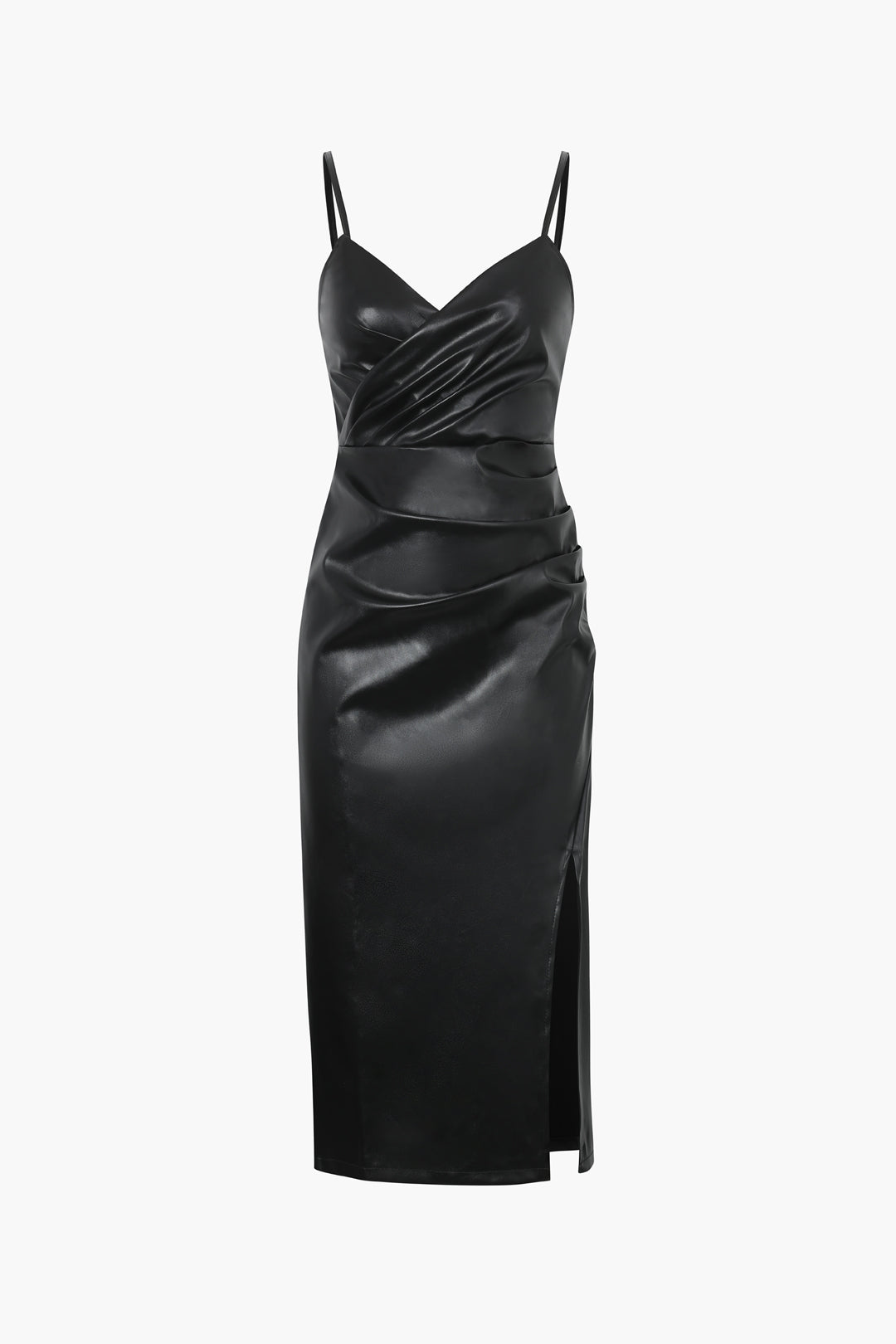 Faux Leather Wrap Bodice Midi Dress