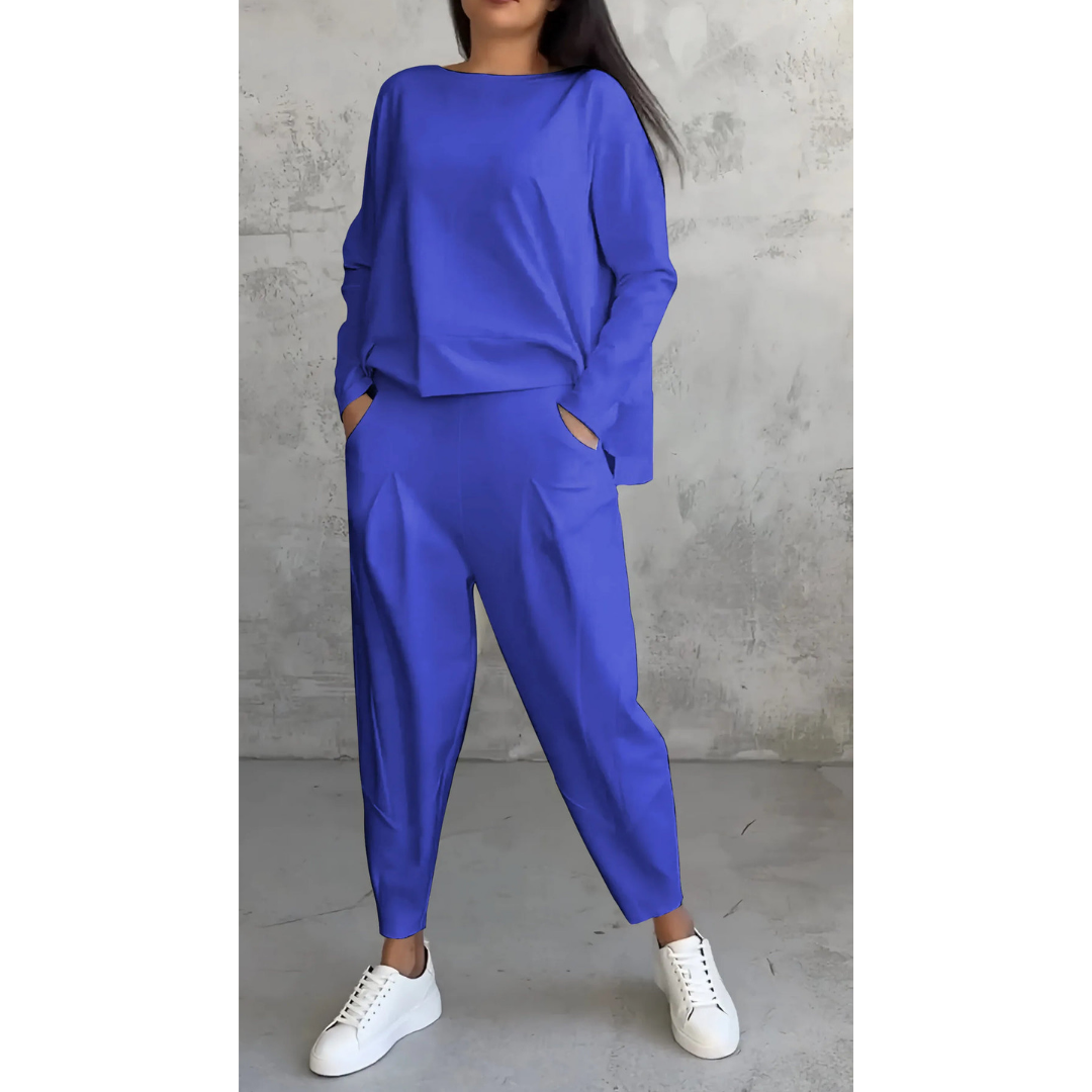 Women’s Lounge Set – Boat Neck Top – Long Sleeve Relaxed Fit – Tapered Pants with Pockets