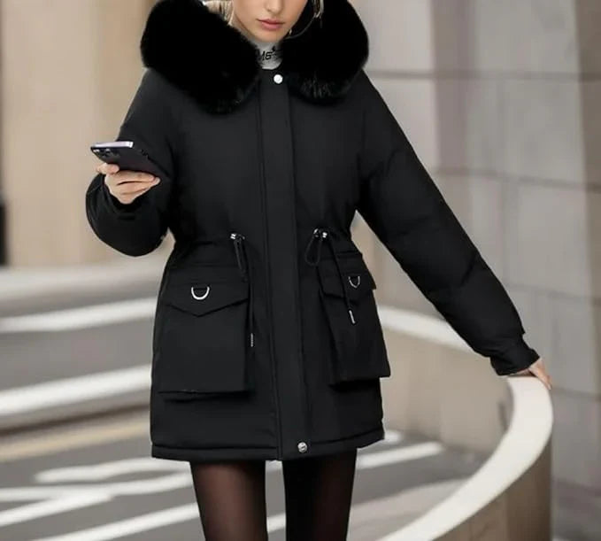 Women’s Parka Coat – Insulated Mid-Thigh Fit – Faux Fur Hood – Adjustable Waist