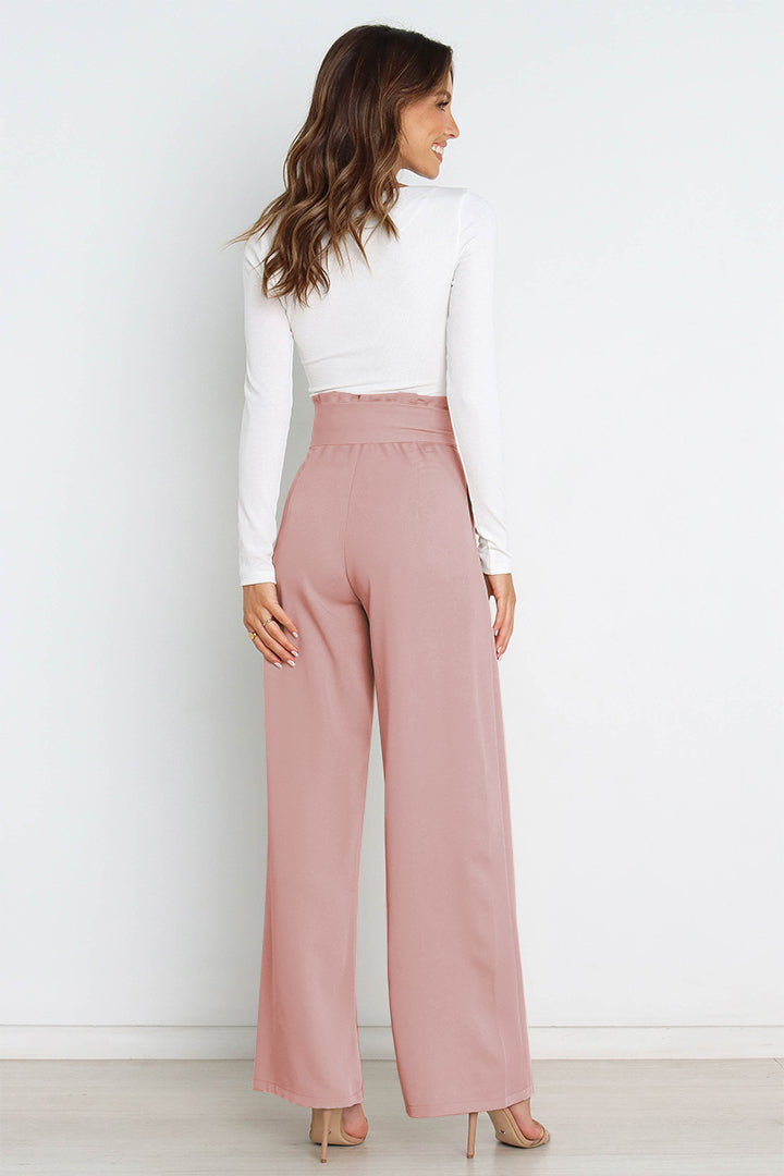 Women’s Wide-Leg Trousers – High Waist – Tailored Fit – Bow Waist Detail – Flowy Fabric