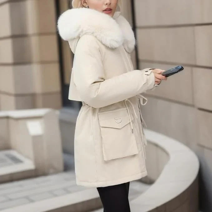 Women’s Parka Coat – Insulated Mid-Thigh Fit – Faux Fur Hood – Adjustable Waist