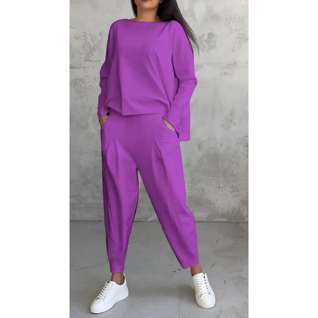 Women’s Lounge Set – Boat Neck Top – Long Sleeve Relaxed Fit – Tapered Pants with Pockets