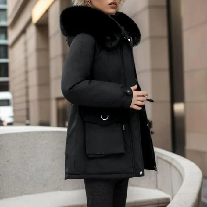Women’s Parka Coat – Insulated Mid-Thigh Fit – Faux Fur Hood – Adjustable Waist