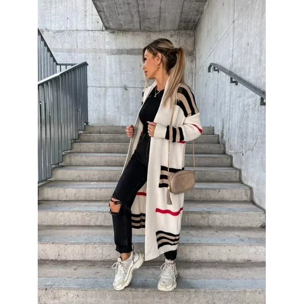 Women's striped loose long-sleeved knitted cardigan sweater jacket