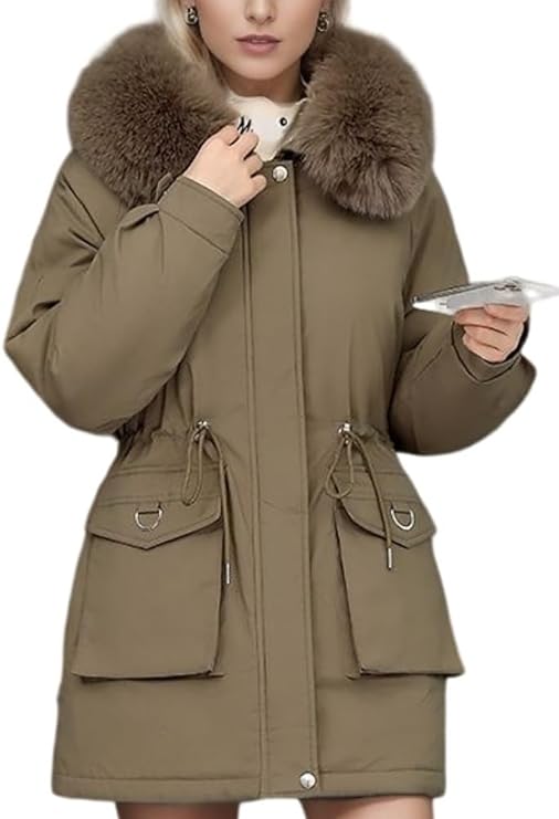 Women’s Parka Coat – Insulated Mid-Thigh Fit – Faux Fur Hood – Adjustable Waist