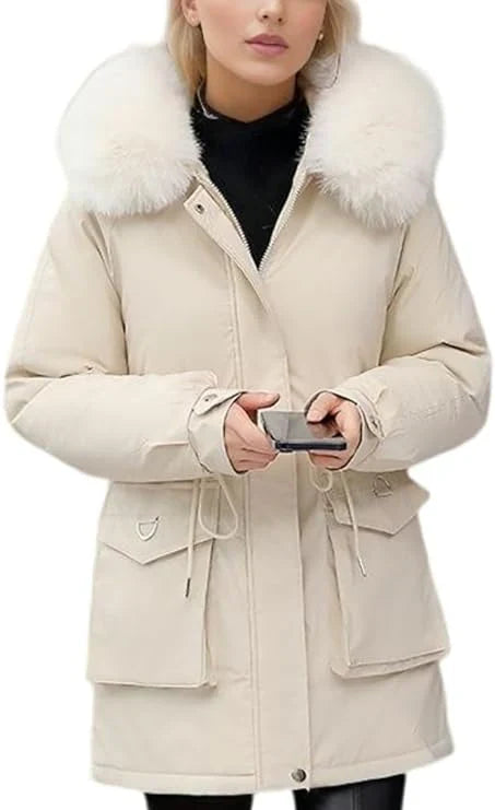 Women’s Parka Coat – Insulated Mid-Thigh Fit – Faux Fur Hood – Adjustable Waist