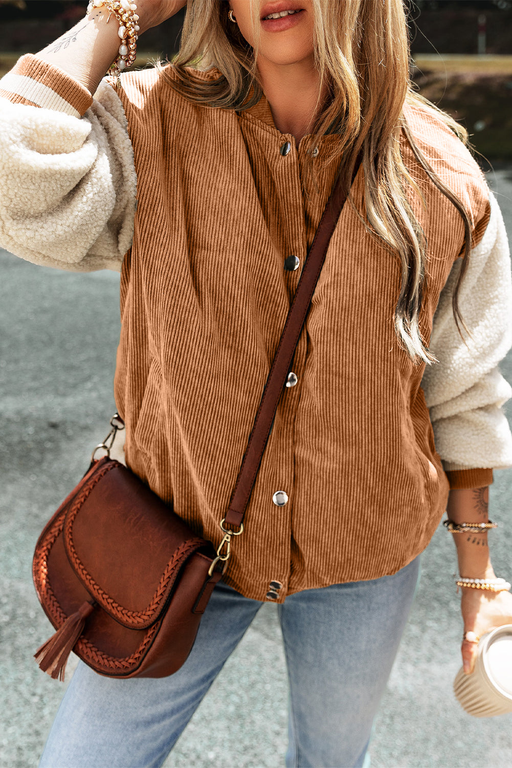 Women’s Jacket - Corduroy Body with Sherpa Sleeves - Button Front - Relaxed Fit Casual Wear