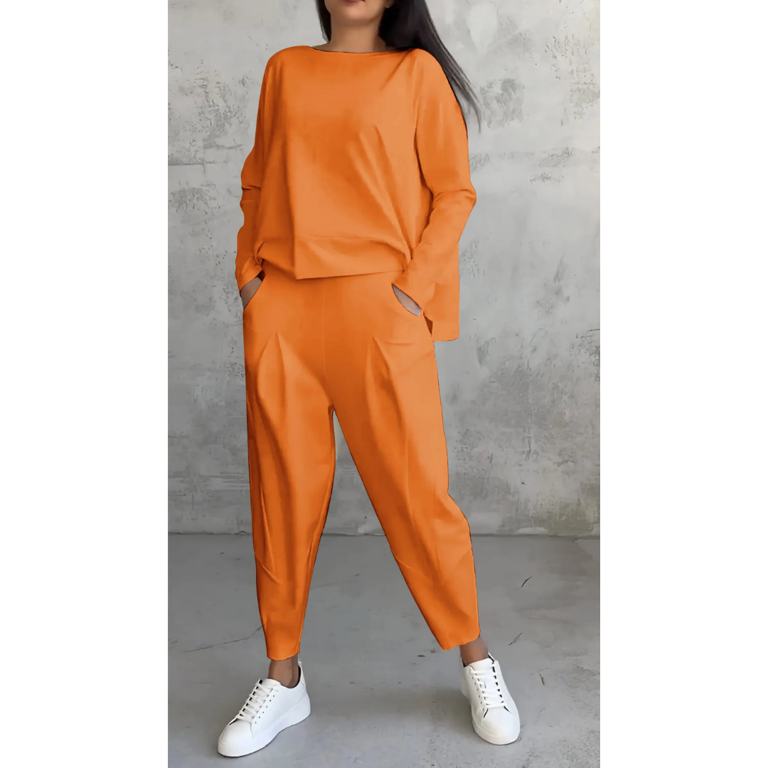 Women’s Lounge Set – Boat Neck Top – Long Sleeve Relaxed Fit – Tapered Pants with Pockets