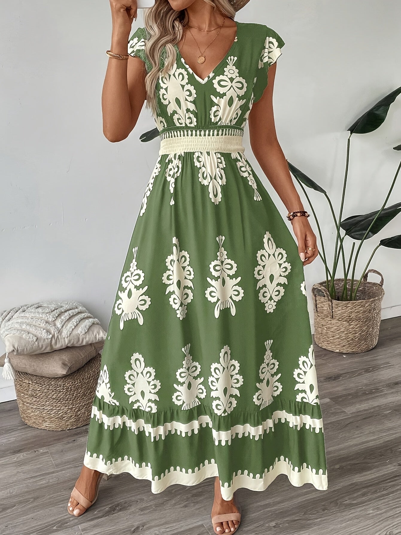 Women's Maxi Dress - V-Neck - Cap Sleeve - Smocked Waist - Flowy Elegant Fit