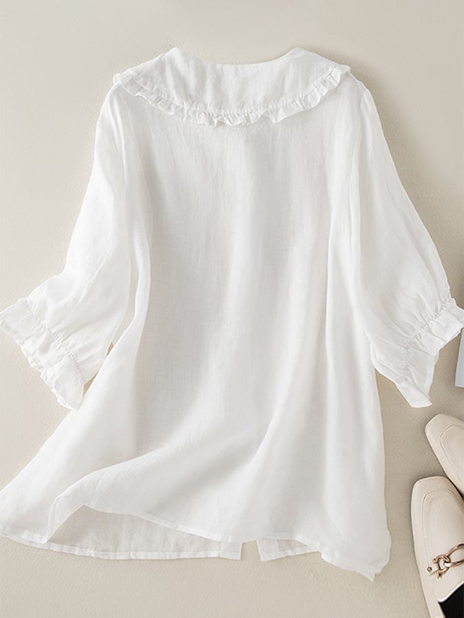 Women's Blouse - Comfortable Fiber Blend - Loose Fit - Button-Up - Ruffled Collar & Cuffs