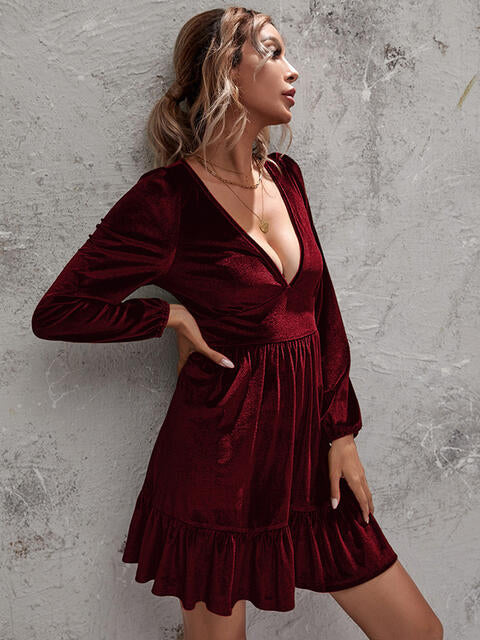 Women's Dress - Soft Luxe Fabric - Deep V-Neck - Long Balloon Sleeves - Ruffled Hem