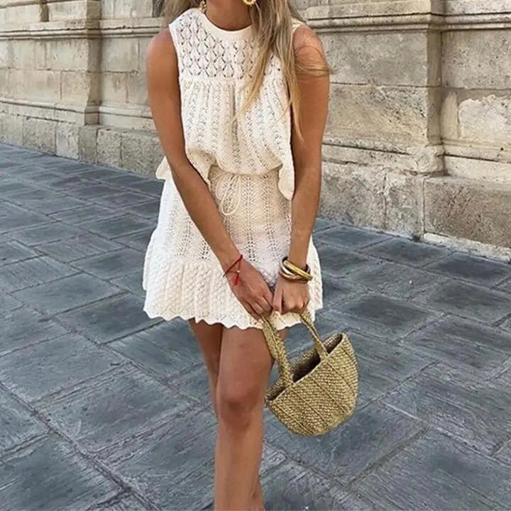 Women’s Sleeveless Knit Dress - Textured Open-Knit Top - Flared Skirt - Ruffled Hem