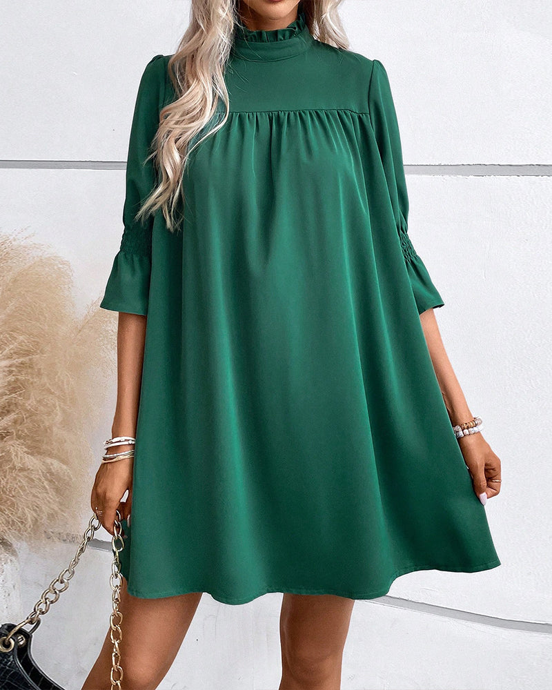 Women's Dress - Flowy Loose Fit - High Neck Ruffle - 3/4 Sleeve Elegant Style